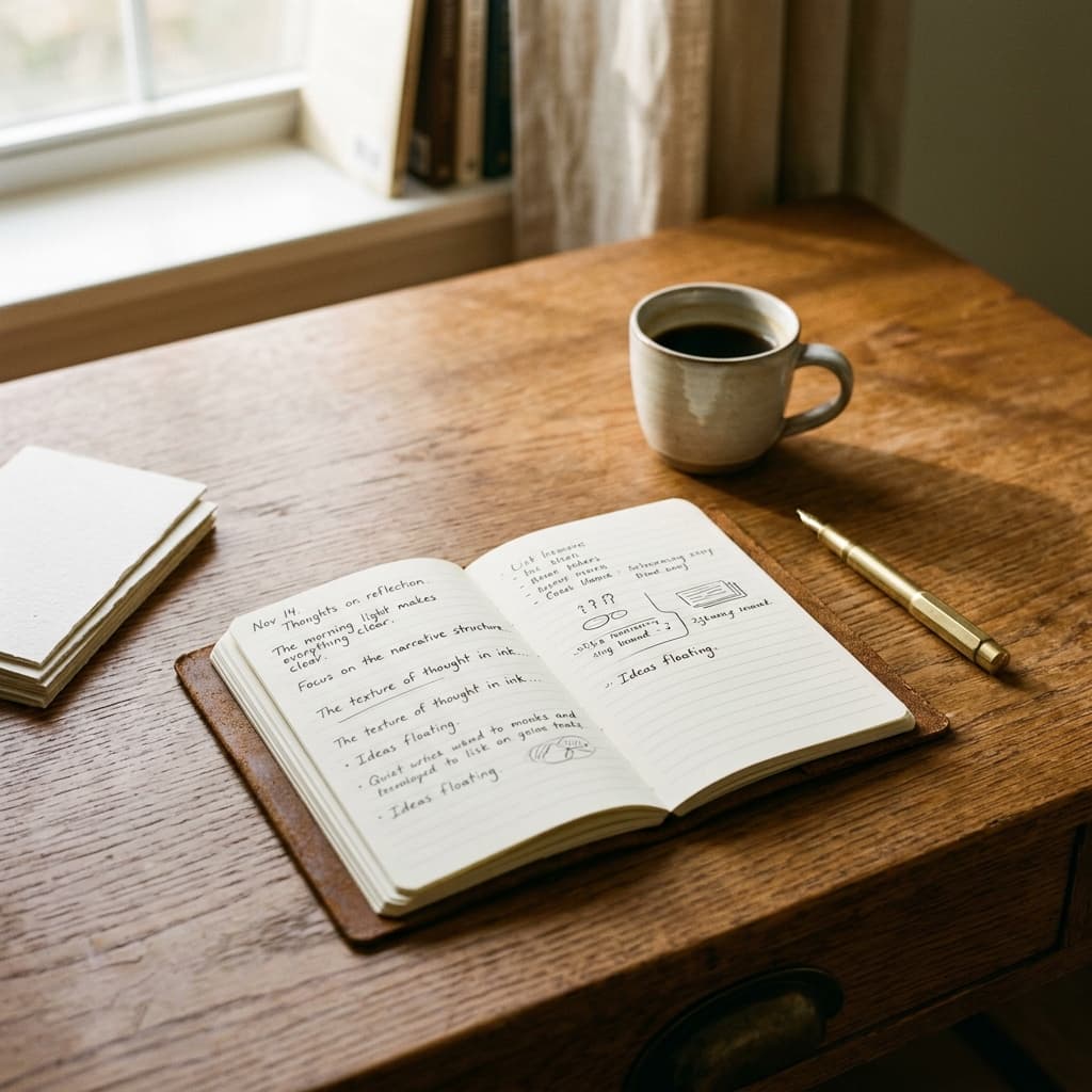 A warm editorial photograph of a wooden writing desk in soft morning light